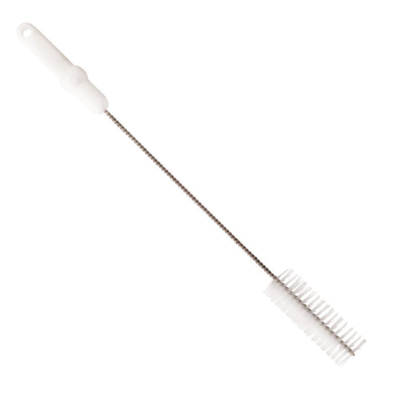 The Haug Bürsten KG Haug pipe brush with V2A stainless steel wire PBT medium 500 x Ø40 mm, in white, has stiff bristles and a long stainless steel handle for easy gripping - perfect for hygienic pipe cleaning. Simple white background.