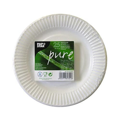 The packaging displays a 25-pack of round, white disposable "pure" cardboard plates from PAPSTAR GmbH, with the central label showing brand and product details in multiple languages.