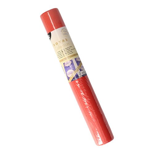 Depicted is a rolled sheet of PAPSTAR table runner, Tissue “ROYAL Collection” (3 m x 40 cm) from PAPSTAR GmbH, with a beige-gold label with product information and elegant design, against a white background.