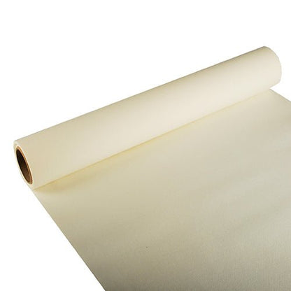 A partially unrolled PAPSTAR table runner, Tissue “ROYAL Collection” (3 m x 40 cm) from PAPSTAR GmbH in cream, presented on a white background, emphasizes its smooth texture and cylindrical shape – ideal for festive occasions.