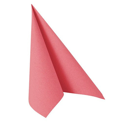 A single PAPSTAR 50 "ROYAL Collection" napkins 1/4-fold 40 x 40 cm pink napkin by PAPSTAR GmbH is folded in a standing triangle shape on a white background.