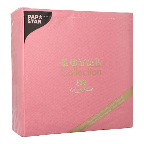 A pack of 50 PAPSTAR GmbH "ROYAL Collection" napkins (1/4-fold, 40x40 cm) in pink, with light pink packaging and golden, white, and black accents highlighting the brand.