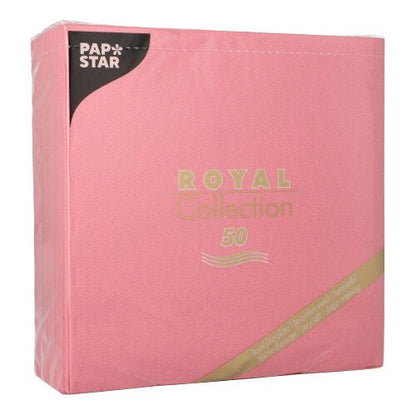 A pack of 50 PAPSTAR GmbH "ROYAL Collection" napkins (1/4-fold, 40x40 cm) in pink, with light pink packaging and golden, white, and black accents highlighting the brand.