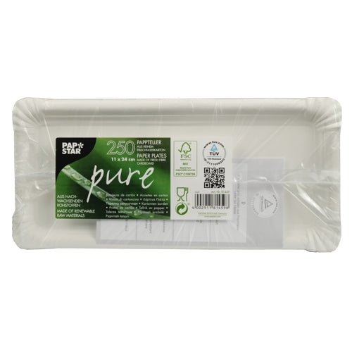 A stack of 250 white rectangular PAPSTAR "pure" paper plates (11 x 24 cm) from PAPSTAR GmbH, made from fresh fiberboard and packed in plastic with a green-black label.