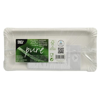 A stack of 250 white rectangular PAPSTAR "pure" paper plates (11 x 24 cm) from PAPSTAR GmbH, made from fresh fiberboard and packed in plastic with a green-black label.