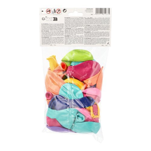 A clear bag from PAPSTAR GmbH contains 50 assorted "Trend" balloons Ø 25 cm, ideal as party accessories. On the top is a white label with product information and safety instructions.
