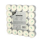 A pack of 50 white PAPSTAR tealights (100% stearin, Ø 37.2 mm, 15.5 mm) from PAPSTAR GmbH - arranged in five rows of ten and packed in plastic with multilingual labels and instructions on the front.