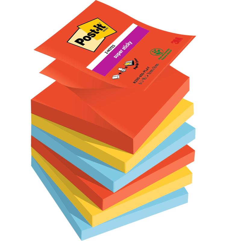 A stack of 3M Post-it® Super Sticky Z-Notes, Boost Collection (76x76mm, 90 sheets per pad, PEFC-certified), shows the top note with product information. The colors are red, yellow, and blue.