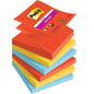 A stack of 3M Post-it® Super Sticky Z-Notes, Boost Collection (76x76mm, 90 sheets/block, PEFC-certified), shows the top note with product information. The colors are red, yellow, and blue.