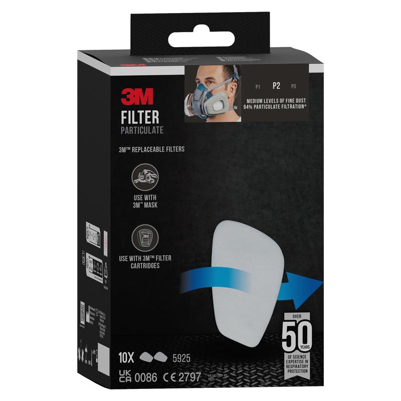 The 3M™ Particle Filter 5925, P2 (10 pairs/pack) from 3M Deutschland GmbH offers 94% dust protection, features compatibility notes, and a filter image with a masked user, showcasing 50 years of proven respiratory protection.