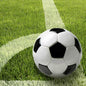 A black and white soccer ball sits on green grass at a white line - ideal for a sporty table decoration with PAPSTAR 20 napkins, 33x33cm, 3-ply, 4-piece set from PAPSTAR GmbH at your next event.