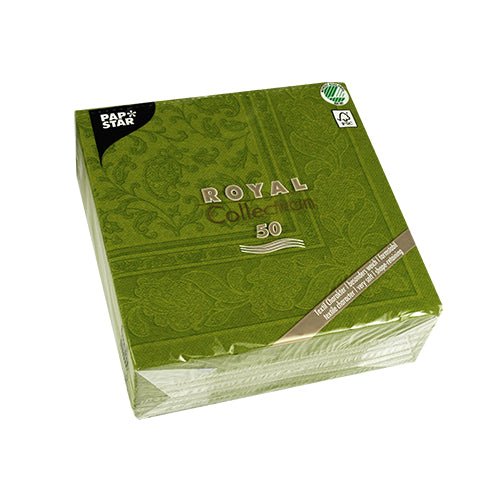A green package PAPSTAR GmbH 50 napkins "ROYAL Collection" 1/4-fold, 40 x 40 cm, with subtle floral design and eco-labels - ideal for festive occasions.