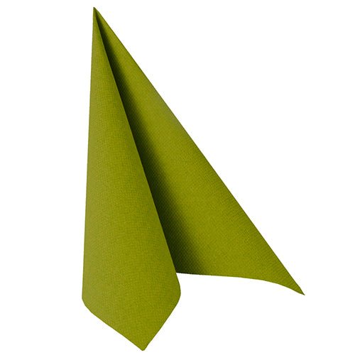 A single green PAPSTAR napkin "ROYAL Collection" 1/4-fold 40 x 40 cm by PAPSTAR GmbH is folded vertically in a standing triangular shape on a white background.