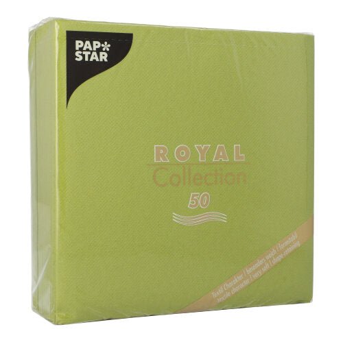 A green, square plastic packaging labeled "PAPSTAR 50 napkins 'ROYAL Collection' 1/4-fold 40 x 40 cm green" by PAPSTAR GmbH is provided with simple white and gold lettering and contains 50 napkins.