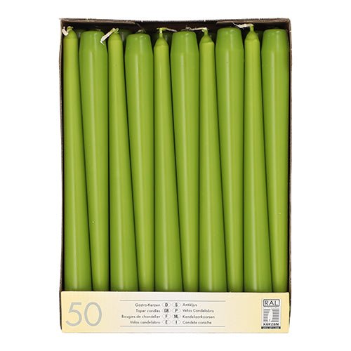 The Starpak carton contains 50 green taper candles, each 25 cm long and 2.2 cm thick, arranged vertically with uniform color and size. The packaging is labeled with a product label at the bottom. Brand: Starpak.