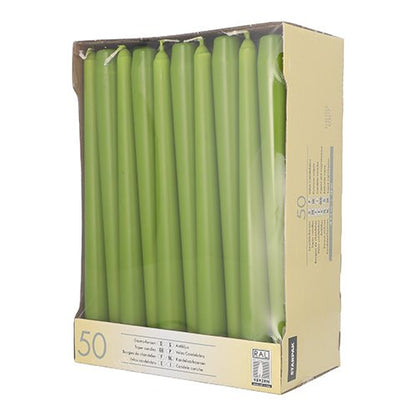 The Starpak 50 taper candles Ø 2.2 cm - 25 cm are green taper candles, arranged upright and visible through a clear window on the beige box. These Starpak candles offer a long burn time for a sustainable ambiance.