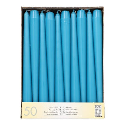 A box with 50 Starpak taper candles (Ø 2.2 cm - 25 cm) in two rows, with long burning time and a beige label with quantity and multilingual product information at the bottom.