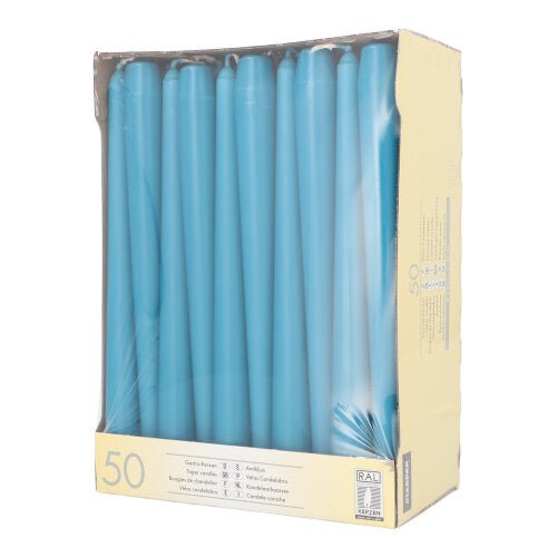 A Starpak box with 50 taper candles (Ø 2.2 cm, 25 cm), neatly arranged upright and visible through a clear front window.