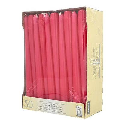 The beige box Starpak 50 taper candles Ø 2.2 cm - 25 cm contains upright arranged red candles with long burn time, partially wrapped in clear plastic. Product information is printed on the sides of the packaging.