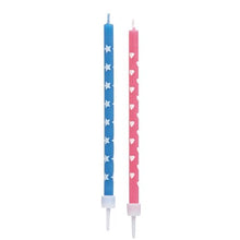 Two PAPSTAR GmbH birthday candles (10 cm, assorted colors with holder, 12 pieces) stand upright on a white background - colorful birthday candles with holder, ideal for any celebration.