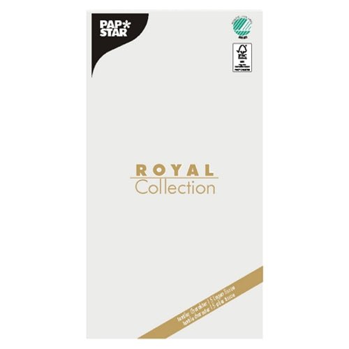 A tissue tablecloth "ROYAL Collection" (120 x 180 cm) by PAPSTAR GmbH with a white background, golden text, and two certification logos in the upper right corner – ideal for adding elegance to your table decoration.
