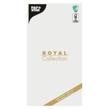 A tissue tablecloth "ROYAL Collection" (120 x 180 cm) by PAPSTAR GmbH with a white background, golden text, and two certification logos in the upper right corner – ideal for adding elegance to your table decoration.