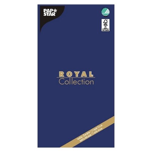 The tablecloth "ROYAL Collection" 120 cm x 180 cm by PAPSTAR GmbH, Tissue, is presented in a dark blue packaging with gold-white branding and a green certification logo - offering an elegant and high-quality table decoration for any occasion.