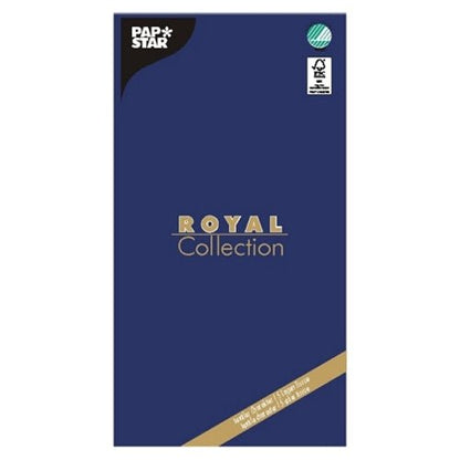 The tablecloth "ROYAL Collection" 120 cm x 180 cm by PAPSTAR GmbH, Tissue, is presented in a dark blue packaging with gold-white branding and a green certification logo - offering an elegant and high-quality table decoration for any occasion.