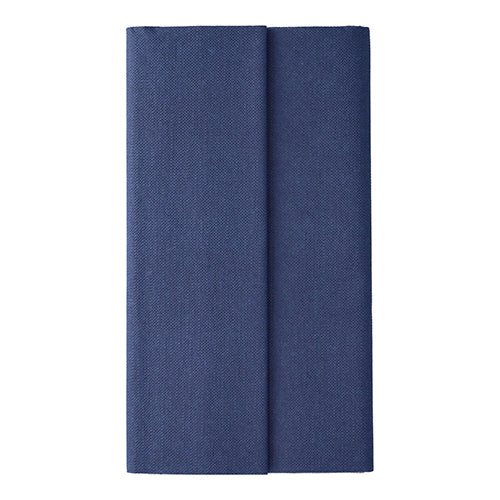 A tablecloth from PAPSTAR GmbH from the ROYAL collection (Tissue, 120 x 180 cm) in dark blue is neatly folded and positioned vertically against a simple white background, highlighting its high quality.