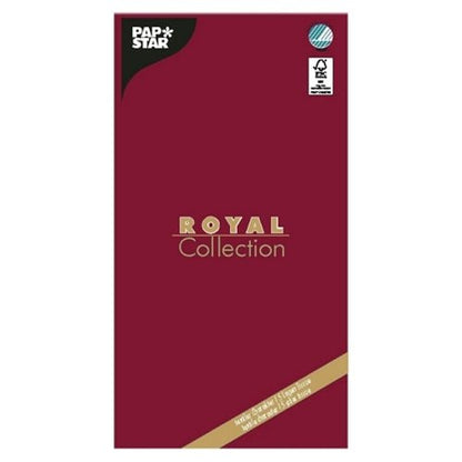 A chestnut brown rectangular package labeled "PAPSTAR tablecloth, Tissue ROYAL Collection 120 cm x 180 cm" by PAPSTAR GmbH features gold-white text, a blue round label, and a black-white certification logo - ideal for any table decoration.