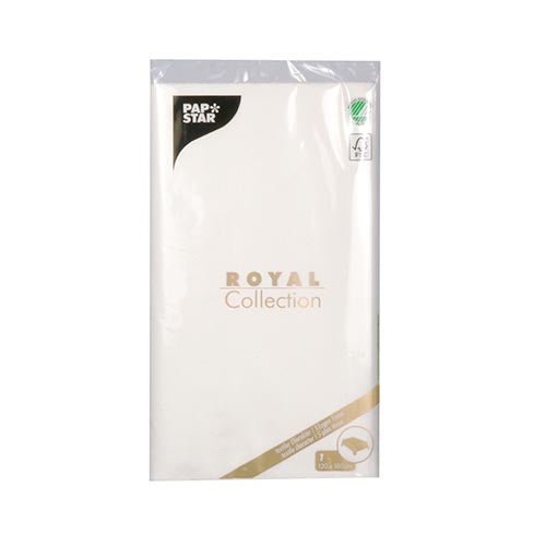 A sealed tablecloth by PAPSTAR GmbH, Tissue "ROYAL Collection" (120 cm x 180 cm), bears the name and product information of the ROYAL Collection in black and gold - perfect for combining with matching quality napkins.
