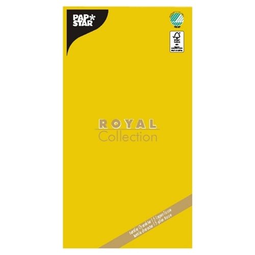 A yellow, rectangular package by PAPSTAR GmbH labeled "ROYAL Collection" contains certification logos and product details – ideal for presenting the high-quality tablecloth, tissue "ROYAL Collection" 120 cm x 180 cm.