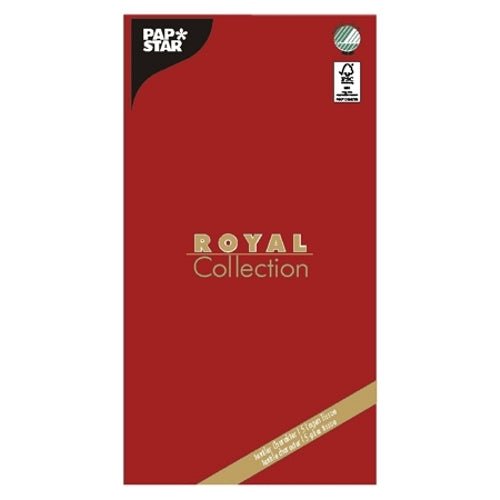 A red rectangular package labeled "PAPSTAR GmbH" and "ROYAL Collection" contains a high-quality tablecloth, 120 x 180 cm, with text at the bottom and a certification mark in the upper right corner.