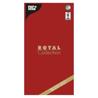 A red rectangular package labeled "PAPSTAR GmbH" and "ROYAL Collection" contains a high-quality tablecloth, 120 x 180 cm, with text at the bottom and a certification mark in the upper right corner.