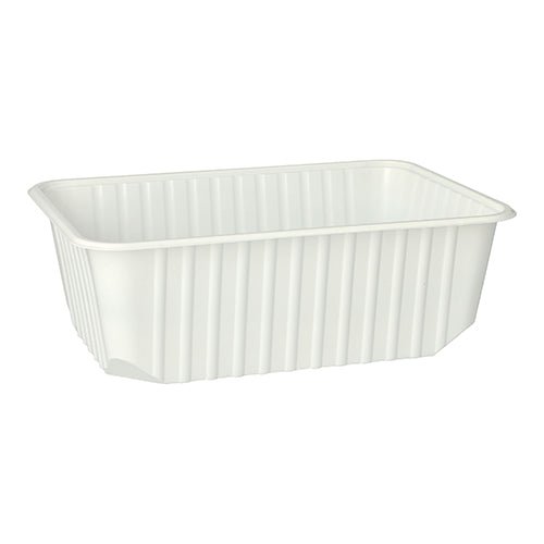 The Starpak 50 packaging cup is a white, rectangular 1-liter PP storage container (6.3 × 18.6 × 13.3 cm) with vertical side ribs and rounded corners, available in a pack of 50 pieces, depicted against a white background.