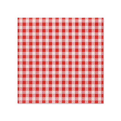 PAPSTAR 20 napkins from PAPSTAR GmbH: three-ply, square napkins in 25 x 25 cm format with a red-white gingham pattern, photographed on a plain white background.