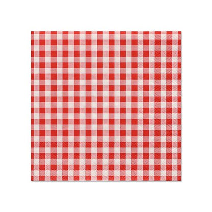 PAPSTAR 20 napkins from PAPSTAR GmbH: three-ply, square napkins in 25 x 25 cm format with a red-white gingham pattern, photographed on a plain white background.