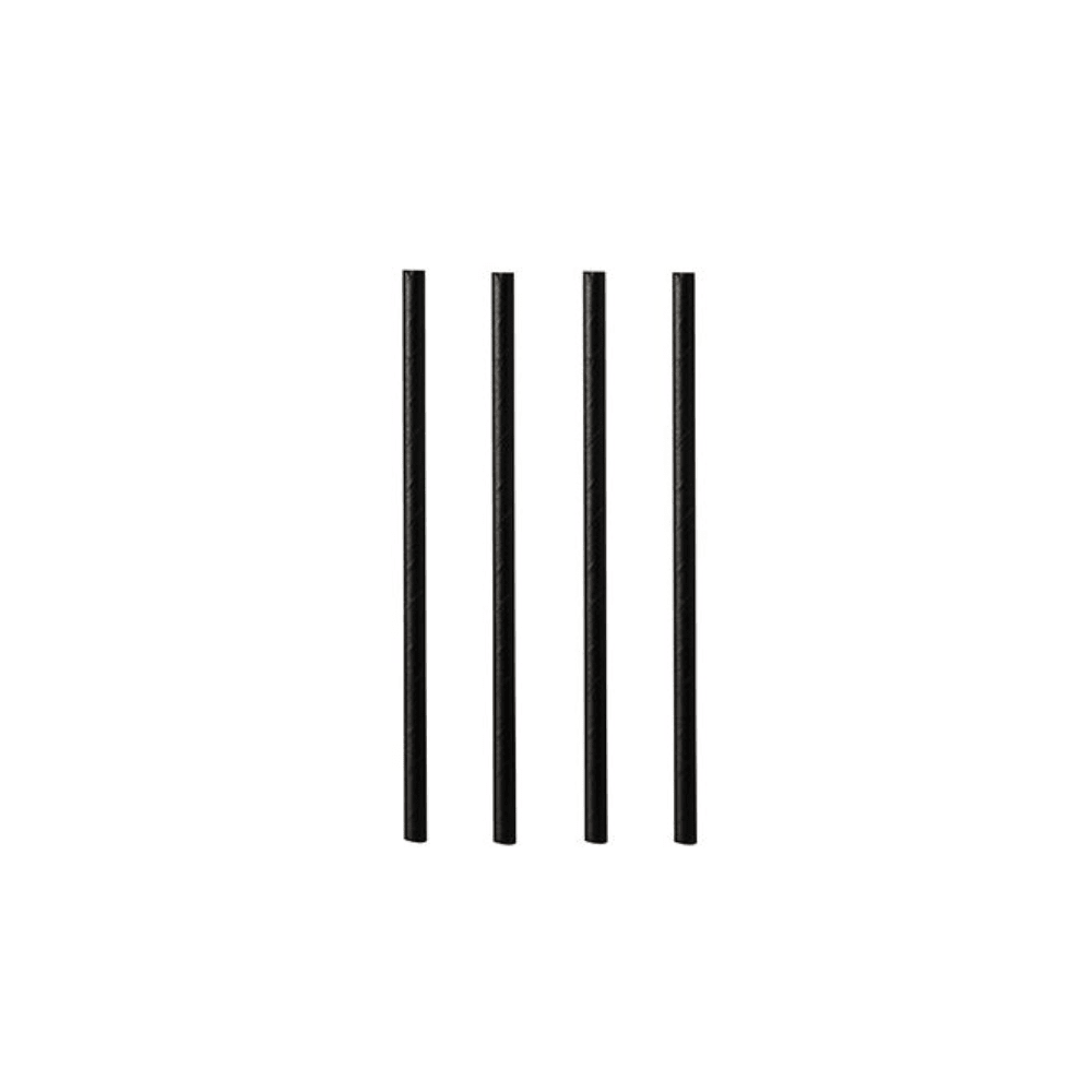 The black cocktail paper straws from PAPSTAR GmbH with a diameter of 7 mm and a length of 15 cm are arranged at regular intervals on a plain white background, each reminiscent of FSC®-certified materials.