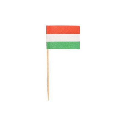 The PAPSTAR 200 decoration picks 8 cm from PAPSTAR GmbH presents a small rectangular flag with red, white, and green horizontal stripes on a wooden toothpick – ideal for finger food or stylish catering. Photographed against a plain white background.