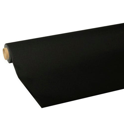 A roll of black PAPSTAR tablecloth, Tissue "ROYAL Collection" from PAPSTAR GmbH is partially unrolled, revealing the high-quality texture and material wrapped around a sturdy core - ideal for creating elegant table settings.