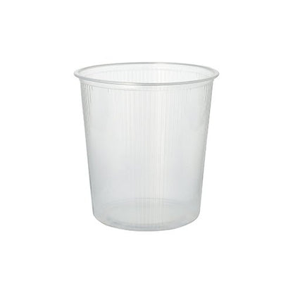 The Starpak 100 packaging cup made of transparent PP with a smooth rim and slightly conical sides is depicted against a plain white background.