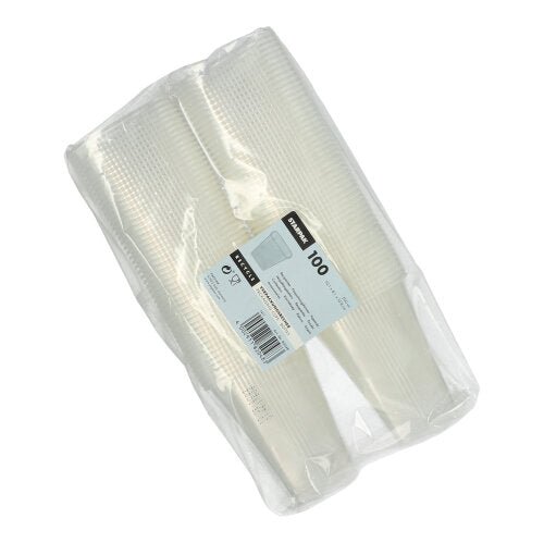 Pictured is a sealed pack of 100 Starpak packaging cups, PP square transparent (250 ml), with a white product label - perfect for food storage.