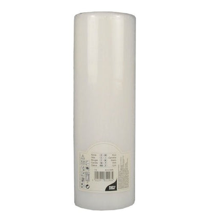 A white PAPSTAR pillar candle Ø 80 mm with flat top (250 mm long, shrink foil, 1 piece) from PAPSTAR GmbH stands unused with a smooth surface and label at the base.