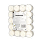 A pack of 40 white Starpak tealights (Ø 38 mm, 19 mm) is delivered in a polycarbonate casing for safety reasons, with a central rectangular label on the shrink-wrapped shell displaying product information, instructions, and warnings.