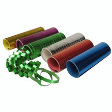 Pictured are six PAPSTAR metallic foil party streamers (4 m, assorted colors) from PAPSTAR GmbH, with the green streamer partially unrolled and coiled. The others remain rolled - perfect for festive metallic decorations.