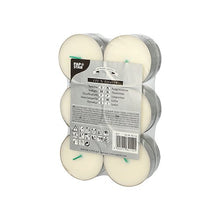 A transparent, shrink-wrapped pack of 12 white PAPSTAR Maxi tealights (Ø 59 mm, 100% stearin) is equipped with green wicks, safety symbols, product information, and the logo of PAPSTAR GmbH to highlight the long burning time.