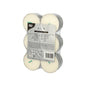 A transparent, shrink-wrapped pack of 12 white PAPSTAR Maxi tealights (Ø 59 mm, 100% stearin) is equipped with green wicks, safety symbols, product information, and the logo of PAPSTAR GmbH to highlight the long burning time.