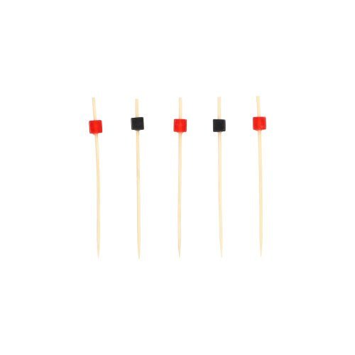 Five PAPSTAR 100 finger food - picks from PAPSTAR GmbH stand vertically, each with a small square pearl at the top area - three red, two black - on a plain white background.