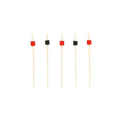 Five PAPSTAR 100 finger food - picks from PAPSTAR GmbH stand vertically, each with a small square pearl at the top area - three red, two black - on a plain white background.