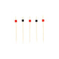 Five PAPSTAR 100 finger food - picks from PAPSTAR GmbH stand vertically, each with a small square pearl at the top area - three red, two black - on a plain white background.